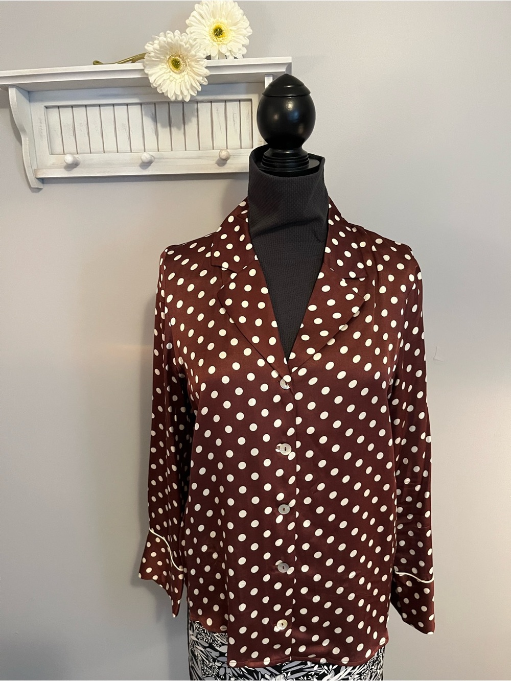 Mango Polka Dot Satin Button-Up Top with lapel in Brown EUC